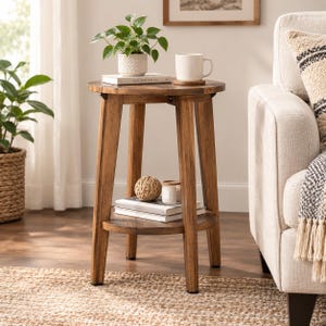May include: A round wooden side table with a natural brown finish, featuring three angled legs and a lower circular shelf. The top surface holds a white potted plant and a white mug, while the lower shelf displays two books and a decorative sphere.