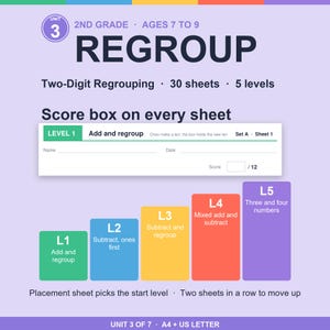 May include: Educational math worksheets for 2nd grade, ages 7 to 9, titled Unit 3 Regroup. Includes 30 sheets across 5 levels of two-digit regrouping, addition, and subtraction. Features a score box on every sheet and A4 plus US letter sizing.