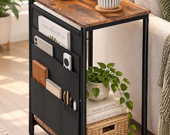 Small Narrow Side Table, Slim End Table with 2-Tier Storage, Rustic Brown