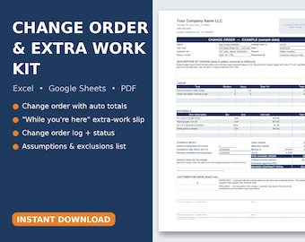 Aannemerswijzigingsformulier, Autorisatie voor extra werk, Wijzigingslogboek, Excel- of Google Sheets-sjabloon, Checklist met uitsluitingen van de scope (PDF)