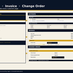 Pode incluir: Uma interface digital da Fieldledger mostrando as seções Estimate, Invoice e Change Order. O layout apresenta cabeçalhos azul-escuros com detalhes em amarelo, exibindo itens, tabelas de preços e totais para documentação.