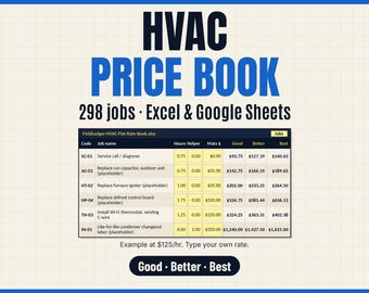 Sjabloon voor prijslijst HVAC | Spreadsheet met vaste tarieven | Excel & Google Sheets | 298 Services
