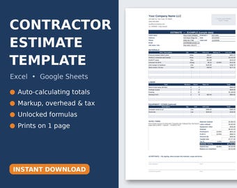 Offertesjabloon voor aannemers, offerteformulier voor Excel en Google Sheets, automatisch berekenend offerteformulier, afdrukbare offerte voor klusjesman