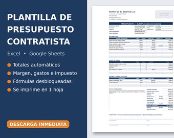 Plantilla de Presupuesto para Contratistas in Español, Excel y Google Spreadsheets, Cotización de Obra Automática, Formato Imprimible