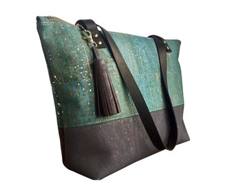 Cork Tote Bag with Zipper Top, Shoulder Bag with Leather Straps, Gift for Mom, Blue Green/Silver Cork