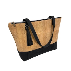 Cork Tote Bag with Zipper: Leather Straps, Vegan Shoulder Bag