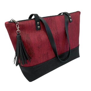 Bolso tote grande con cremallera, bolso de corcho con correas de cuero, bolso de corcho burdeos, regalo para mamá