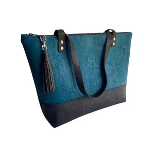 Bolso grande de corcho con cierre de cremallera, regalo para mamá, bolso de mano de corcho con correas de cuero, bolso de corcho verde azulado y negro