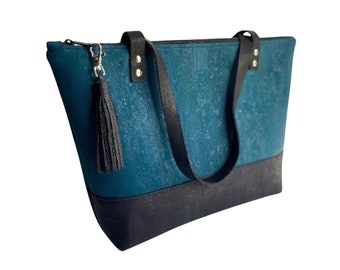 Large Cork Tote Bag with Zipper Top, Gift for Mom, Cork Handbag with Leather Straps, Teal and Black Cork Bag