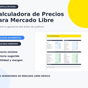 Puede incluir: Una plantilla de hoja de cálculo de Excel titulada Calculadora de Precios para Mercado Libre, que presenta una interfaz digital para calcular costos, precios mínimos, precios sugeridos y márgenes de utilidad para vendedores en Mercado Libre México.