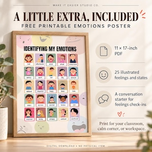 May include: A framed poster titled Identifying My Emotions featuring a grid of 25 illustrated characters displaying various feelings. The poster includes text labels for each emotion, an 11 by 17-inch PDF format, and a conversation starter for check-ins.