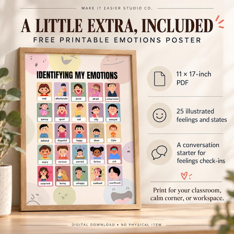 May include: A framed poster titled Identifying My Emotions featuring a grid of 25 illustrated characters displaying various feelings. The poster includes text labels for each emotion, an 11 by 17-inch PDF format, and a conversation starter for check-ins.