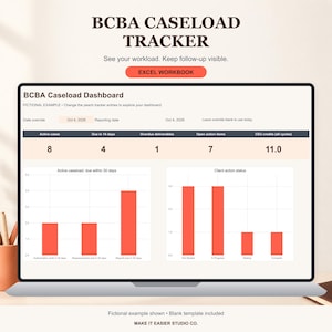 May include: A digital BCBA Caseload Tracker Excel workbook displayed on a laptop screen. The dashboard features a summary table with metrics for active cases, due dates, and CEU credits, alongside two bar charts visualizing caseload and client status.