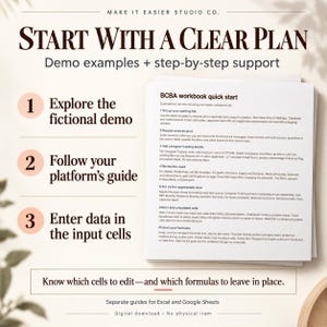May include: A digital instructional guide titled Start With A Clear Plan from Make It Easier Studio Co. The document outlines three steps: explore the fictional demo, follow your platform's guide, and enter data in the input cells for a BCBA workbook.