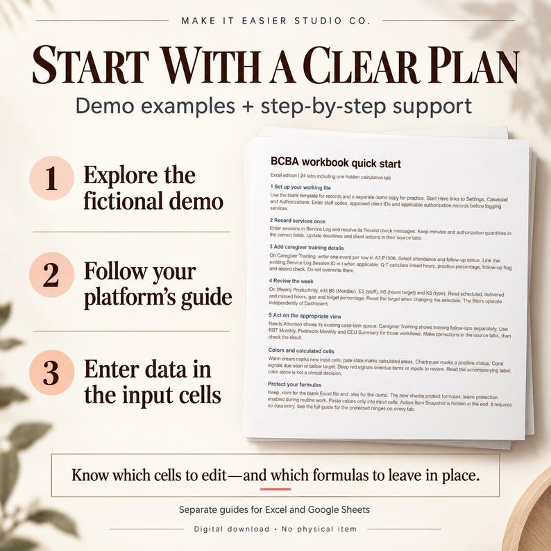 May include: A digital instructional guide titled Start With A Clear Plan from Make It Easier Studio Co. The document outlines three steps: explore the fictional demo, follow your platform's guide, and enter data in the input cells for a BCBA workbook.