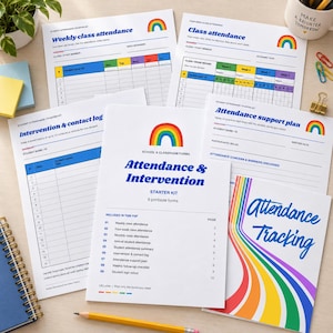 May include: A collection of white paper school and classroom attendance forms featuring rainbow icons and blue text. The documents include titles like Weekly class attendance, Attendance support plan, and Attendance & Intervention Starter Kit.