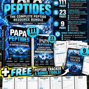 Può includere: Un pacchetto di risorse digitali intitolato Papa Peptides che include una guida di 111 pagine, una guida di riferimento clinico rapido di 23 pagine e un tracker di peptidi di 9 pagine. Include pagine di monitoraggio stampabili.