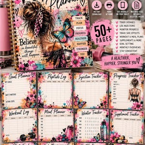 May include: A spiral-bound planner titled Women's Peptide Planner featuring a colorful illustration of a person with a messy bun, a butterfly, and flowers. The planner includes pages for goal planning, peptide logs, injection tracking, and progress.