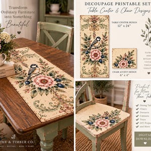 May include: A decoupage printable set featuring a table center design measuring 12 inches by 24 inches and a chair accent design measuring 6 inches by 4 inches. The designs display a bird perched on a branch with pink flowers and dark berries.