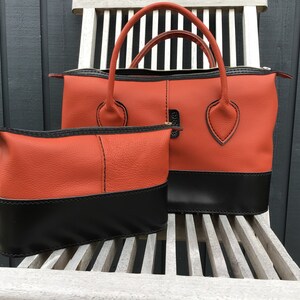 Sac en cuir cousu main et trousse de toilette assortie