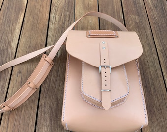 Leather messenger bag sewn by hand