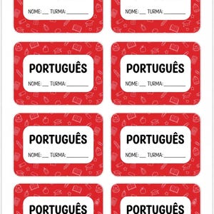 Può includere: Un foglio di otto etichette adesive rettangolari con angoli arrotondati. Ogni etichetta presenta uno sfondo rosso con icone scolastiche bianche, un pannello centrale bianco, la parola PORTUGUÊS in nero e linee per NOME e TURMA da compilare.