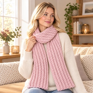 May include: A chunky, ribbed-knit scarf in a soft, dusty pink color. The scarf features a consistent vertical texture throughout its length and is wrapped loosely around the neck, with two long ends hanging down over a cream-colored sweater.