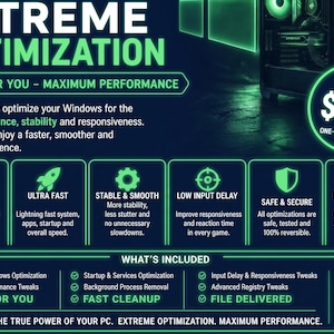 Op de afbeelding: Een digitale advertentie voor Windows pc-optimalisatiediensten met neongroene tekst op een donkere achtergrond. Het benadrukt functies zoals maximale FPS, ultrasnelle snelheden en stabiliteit, met een lijst van inbegrepen aanpassingen voor Windows 10 en 11.