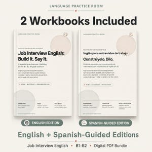 Könnte beinhalten: Zwei weiße Arbeitsbücher mit den Titeln Job Interview English: Build It. Say It. und Inglés para entrevistas de trabajo: Constrúyelo. Dilo. Diese digitalen PDF-Leitfäden für B1-B2-Lernende haben ein minimalistisches Design mit schwarzem Text.