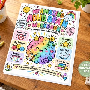 以下が含まれることがあります： My Amazing ADHD Brain Workbookというタイトルのワークブック。中央には絵筆を持った虹色の脳のキャラクターが描かれています。ページにはFocus Tools、Big Feelings、Routines、Strengths、Calm Skills、School Successのセクションが含まれています。
