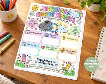 Challenging Negative Thoughts Worksheet for Kids, CBT SEL Activity (Digital Printable)