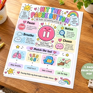 May include: A colourful educational poster titled Hit The Pause Button featuring a matching activity for children. The design includes illustrations of a stop sign, clouds, a magnifying glass, a brain, and a couch, with text prompts for emotional regulation.
