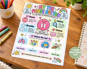 Hit the Pause Button Mindfulness Poster, SEL Activity for Kids (Digital Download)