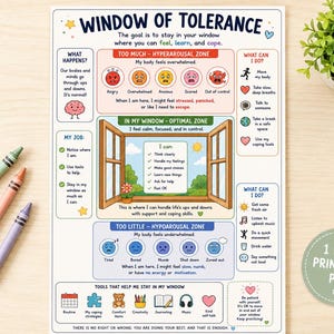May include: A Window of Tolerance educational chart featuring a central window illustration, emotional zones labelled as hyperarousal and hypoarousal with colourful icons, coping strategies, and text explaining how to manage feelings and stay regulated.