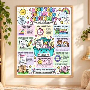 May include: A colorful ADHD Task Initiation Cheat Sheet poster featuring a central teal toolbox illustration surrounded by instructional text boxes, icons, and motivational phrases like 'Tiny tools to help me start' and 'Starting small still counts'.