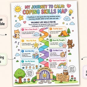 Könnte beinhalten: Ein farbenfrohes, druckbares Plakat mit dem Titel My Journey to Calm: Coping Skills Map, das einen gewundenen Pfad mit acht nummerierten Aktivitäten zeigt. Das Design enthält Zeichentricktiere, Sonne, Wolken und einen Regenbogen mit Erklärtext.