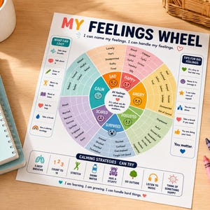 Op de afbeelding: Een My Feelings Wheel educatieve poster met een centraal kleurgecodeerd wiel met emotionele categorieën zoals verdrietig, blij, boos, walging, verrast, bang en kalm, omringd door specifieke gevoelswoorden en secties voor kalmeringsstrategieën.