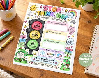 Stop Think Go Impulse Control Worksheet for Kids, SEL Activity (Digital Download)