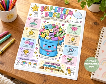 Self-Esteem Bucket Poster, Growth Mindset Affirmations for Kids (Digital Download)