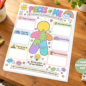 May include: A printable activity sheet titled Pieces of Me featuring a central puzzle-piece figure surrounded by sections for writing about self-esteem and identity. The colorful design includes a sun, rainbow, and lightbulb with text prompts.