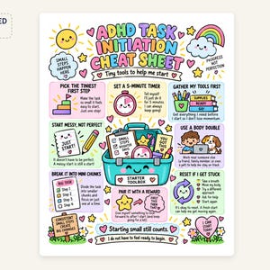 May include: A colorful ADHD Task Initiation Cheat Sheet poster featuring a central teal toolbox illustration surrounded by instructional boxes. Text includes ADHD TASK INITIATION CHEAT SHEET, Tiny tools to help me start, and various tips like Pick the tiniest first step, Set a 5-minute timer, and Use a body double, decorated with small sun, rainbow, and heart icons.