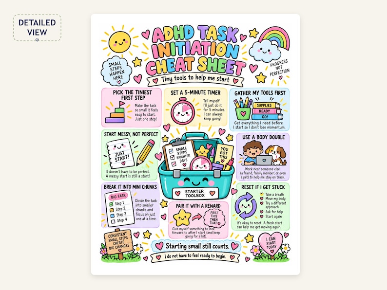 May include: A colorful ADHD Task Initiation Cheat Sheet poster featuring a central teal toolbox illustration surrounded by instructional boxes. Text includes ADHD TASK INITIATION CHEAT SHEET, Tiny tools to help me start, and various tips like Pick the tiniest first step, Set a 5-minute timer, and Use a body double, decorated with small sun, rainbow, and heart icons.