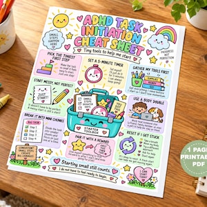 Puede incluir: Una hoja de trucos colorida para la iniciación de tareas TDAH impresa en papel, con consejos ilustrados, un gráfico central de caja de herramientas y texto que incluye 'ADHD TASK INITIATION CHEAT SHEET' y 'Starting small still counts.'