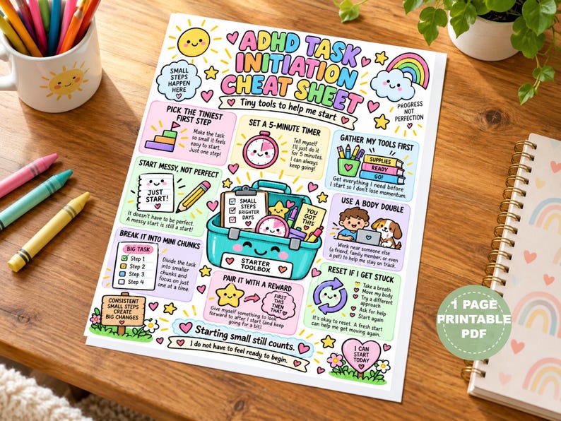 May include: A colorful ADHD task initiation cheat sheet printed on paper, featuring illustrated tips, a central starter toolbox graphic, and motivational text including 'ADHD TASK INITIATION CHEAT SHEET' and 'Starting small still counts.'