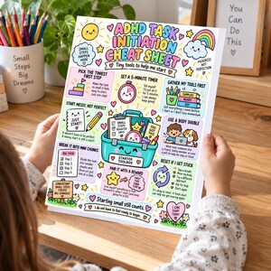 May include: A colorful ADHD Task Initiation Cheat Sheet poster featuring cartoon illustrations, including a teal toolbox, a smiling sun, and a rainbow. The text includes headings like ADHD Task Initiation Cheat Sheet, Tiny tools to help me start, and various tips for breaking down tasks into smaller steps.
