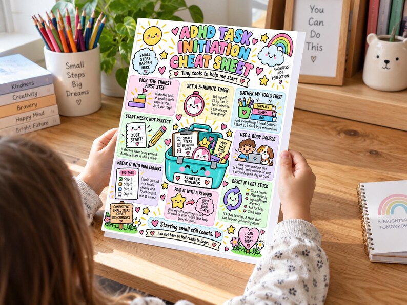 May include: A colorful ADHD Task Initiation Cheat Sheet poster featuring cartoon illustrations, including a teal toolbox, a smiling sun, and a rainbow. The text includes headings like ADHD Task Initiation Cheat Sheet, Tiny tools to help me start, and various tips for breaking down tasks into smaller steps.