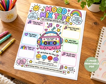 Mood Mix Tape Feelings Activity, Kids SEL Worksheet, Emotional Regulation Tool (Digital Download)