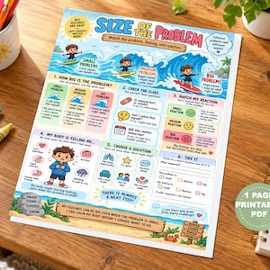 May include: An educational poster titled Size of the Problem featuring colourful illustrations of waves and children surfing to explain emotional regulation. The chart includes six sections with text, icons, and checklists to help identify feelings and reactions.