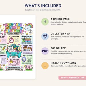 May include: A colorful ADHD Task Initiation Cheat Sheet digital print featuring a teal starter toolbox illustration, various task-management icons, and instructional text. The document includes sections for breaking down tasks, setting timers, and gathering tools.