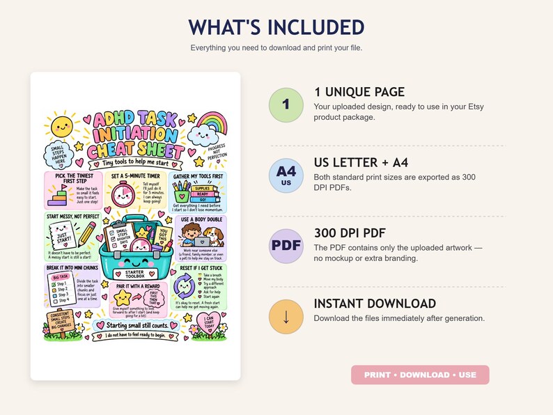 May include: A colorful ADHD Task Initiation Cheat Sheet digital print featuring a teal starter toolbox illustration, various task-management icons, and instructional text. The document includes sections for breaking down tasks, setting timers, and gathering tools.